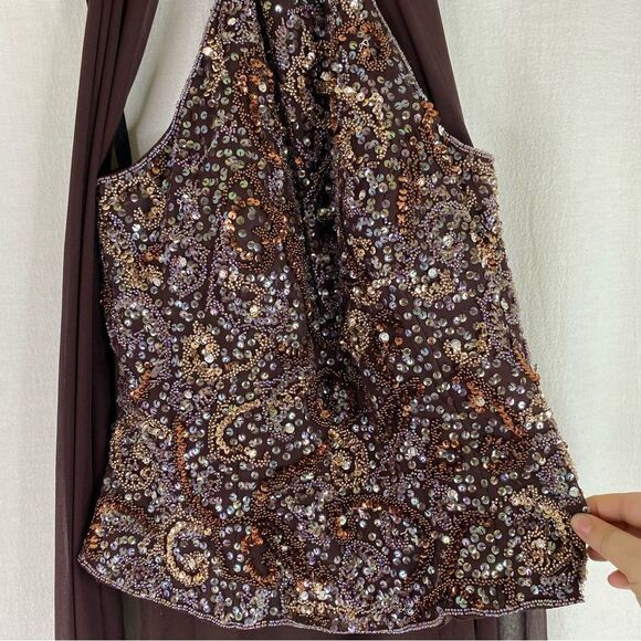 Cassandra Stone Brown Vintage 90s Silk Beaded Halter Ombre Prom Formal Gown 12 - Picture 4 of 11
